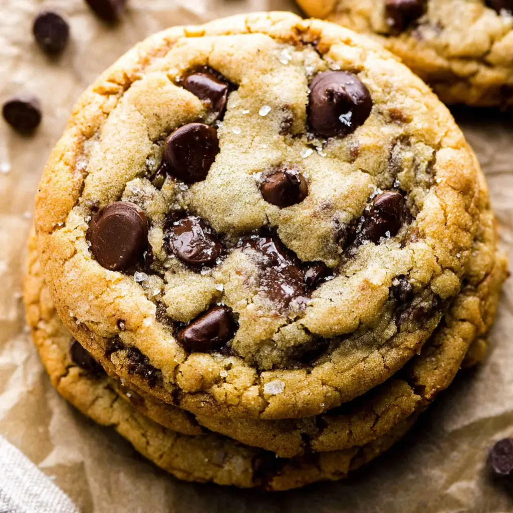 Stack of three chewy brown butter chocolate chip cookies with golden edges and melted chocolate chips on parchment paper.