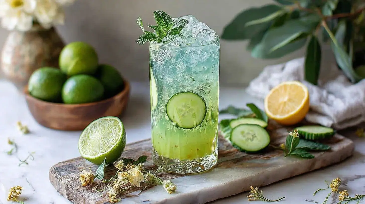 Cucumber lime mocktail with mint garnish in tall glass