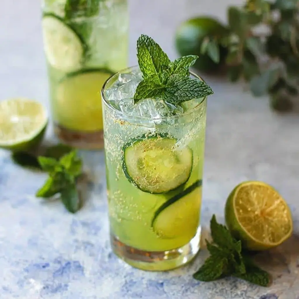 Cucumber lime mocktail with mint garnish in tall glass