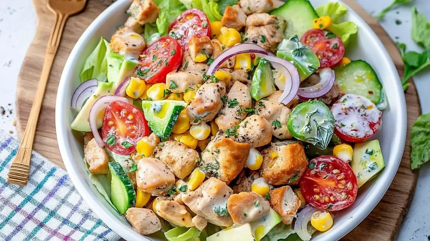 Bowl of Healthy Ranch Chicken Salad with grilled chicken, fresh vegetables, and homemade ranch dressing.