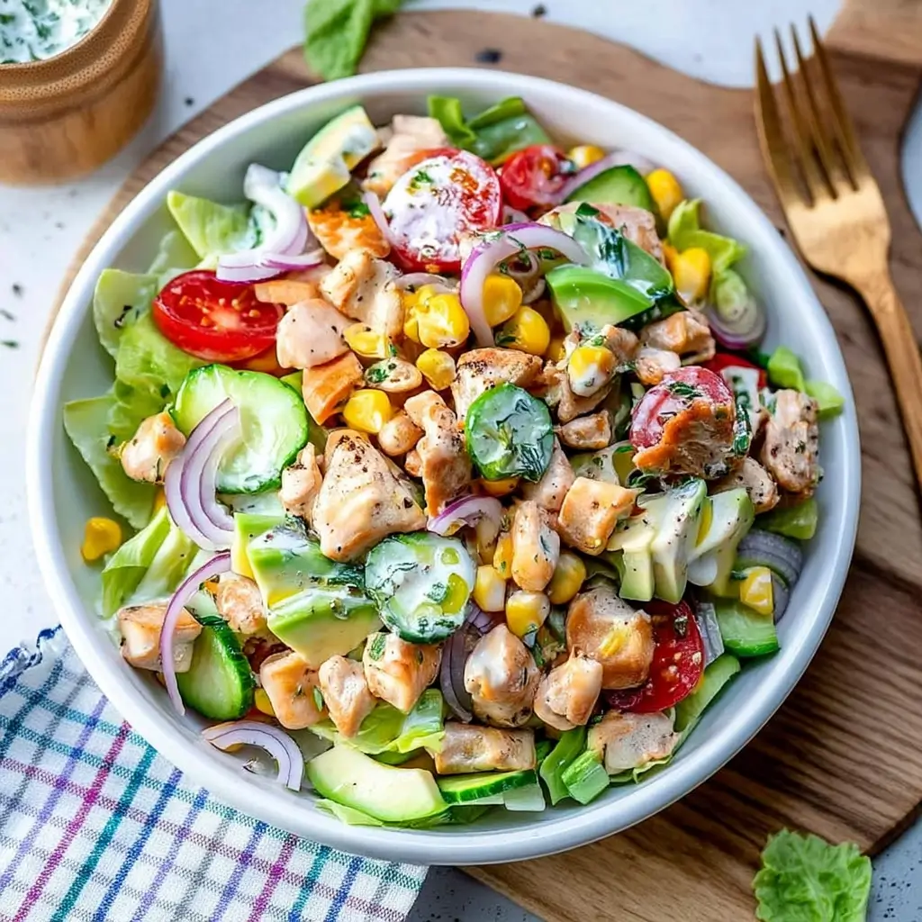Bowl of Healthy Ranch Chicken Salad with grilled chicken, fresh vegetables, and homemade ranch dressing.