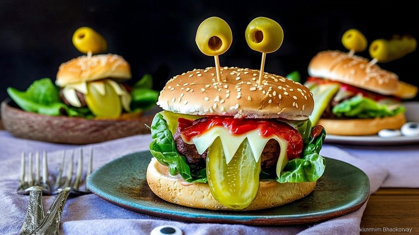 Halloween monster burgers with cheese fangs and olive eyes on a wooden board.