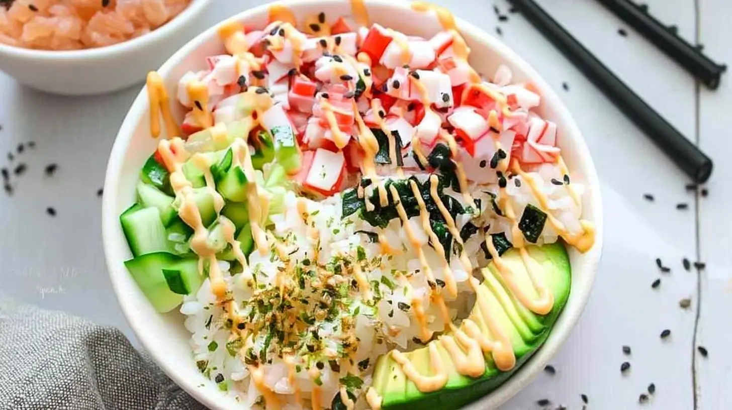 California roll sushi bowls with rice, avocado, cucumber, and crab