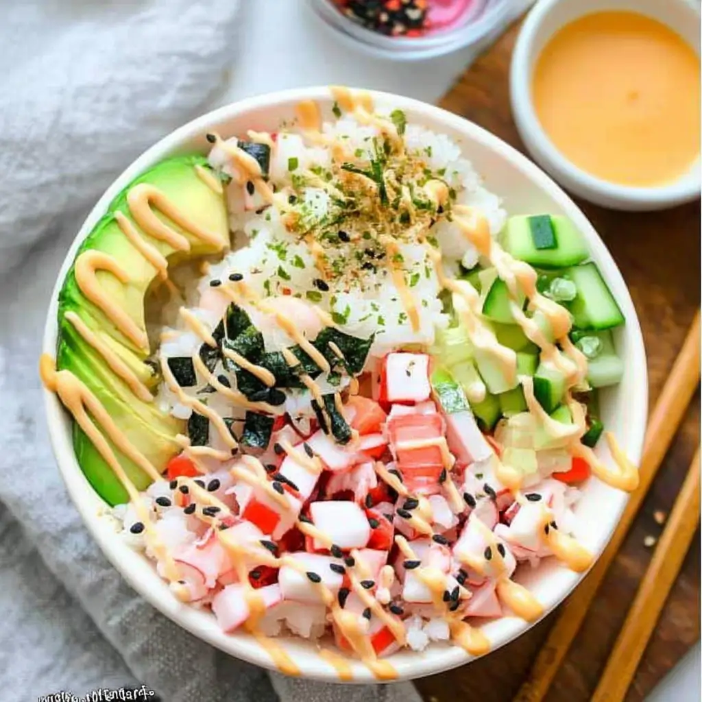 California roll sushi bowls with rice, avocado, cucumber, and crab