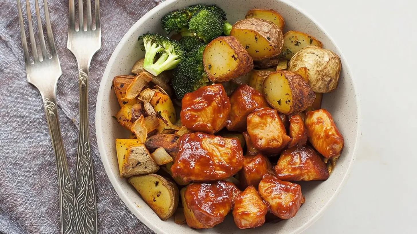 Skinny Chicken and Roasted Potato Bowl with chicken, potatoes, and broccoli in a rustic bowl.