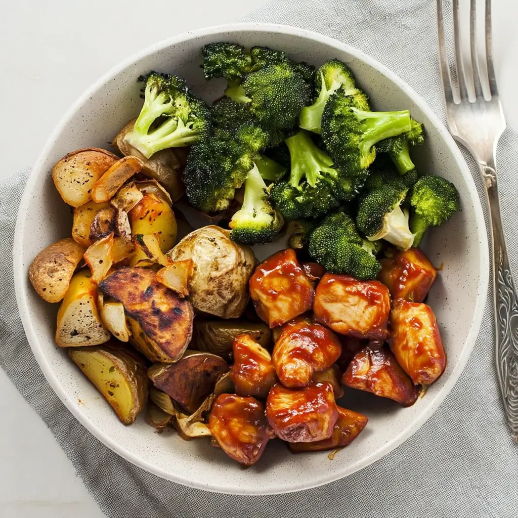 Skinny Chicken and Roasted Potato Bowl with chicken, potatoes, and broccoli in a rustic bowl.