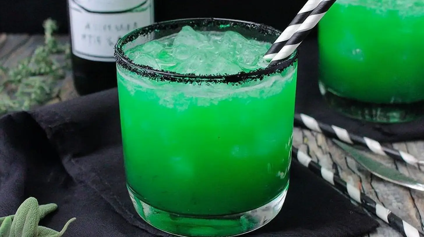 Beetlejuice Cocktail in a black-salt–rimmed glass with green glitter and gummy worm garnish