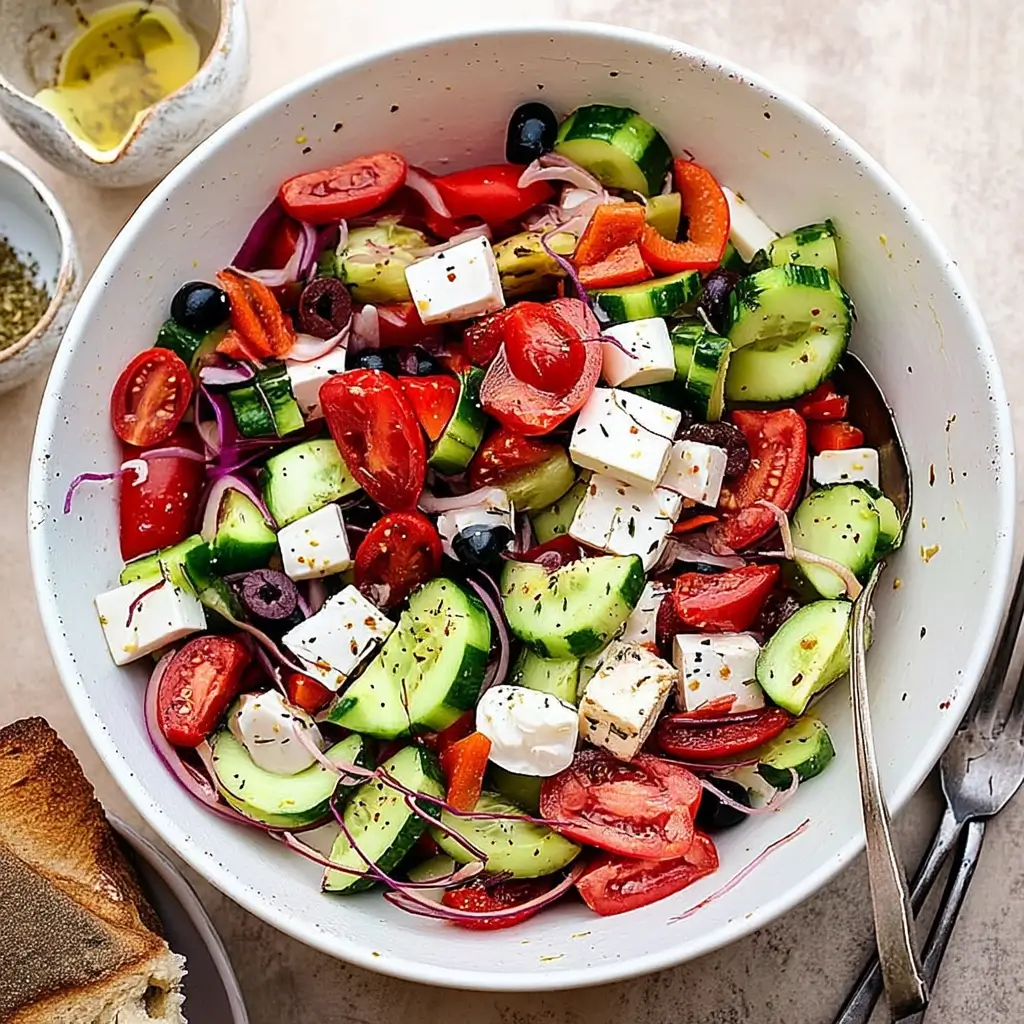 Bowl of Vegan Greek Salad with vegan feta, tomatoes, cucumbers, olives, and parsley.