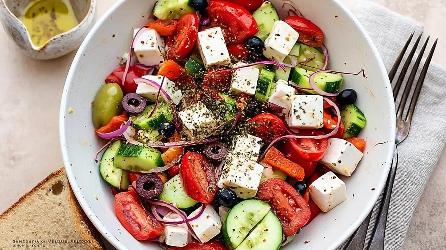 Bowl of Vegan Greek Salad with vegan feta, tomatoes, cucumbers, olives, and parsley.