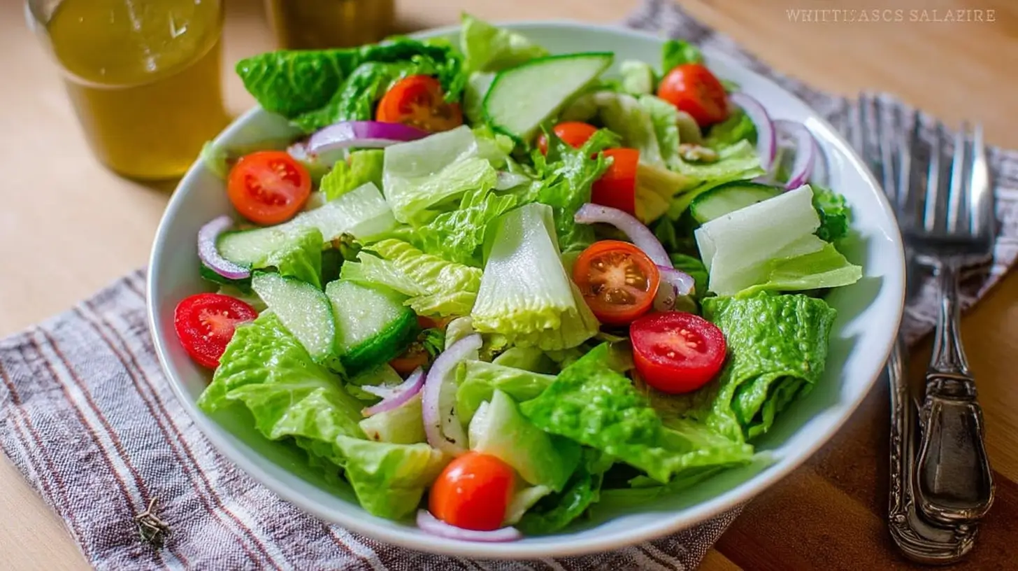 Glass jar of White Balsamic Vinaigrette with salad greens and olive oil.