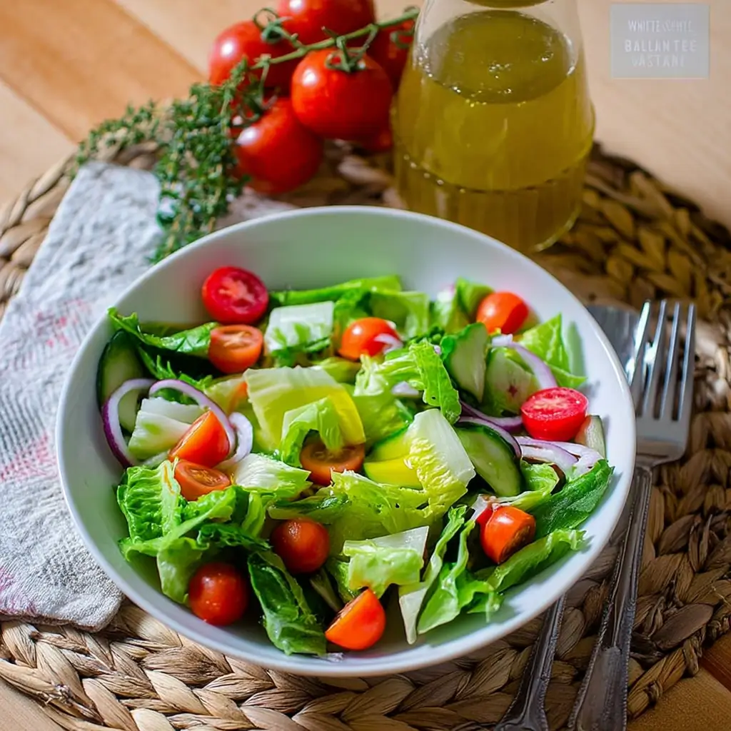 Glass jar of White Balsamic Vinaigrette with salad greens and olive oil.