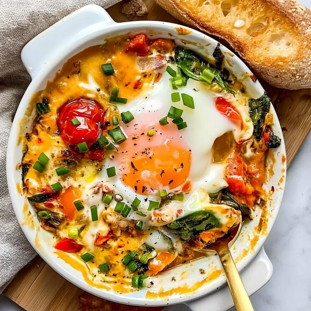 Mediterranean baked feta eggs in skillet with tomatoes and spinach.