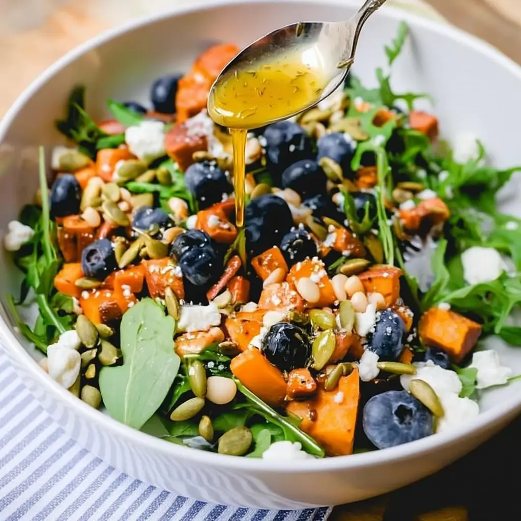 Bowl of honey sweet potato summer salad with roasted sweet potatoes, blueberries, and greens.