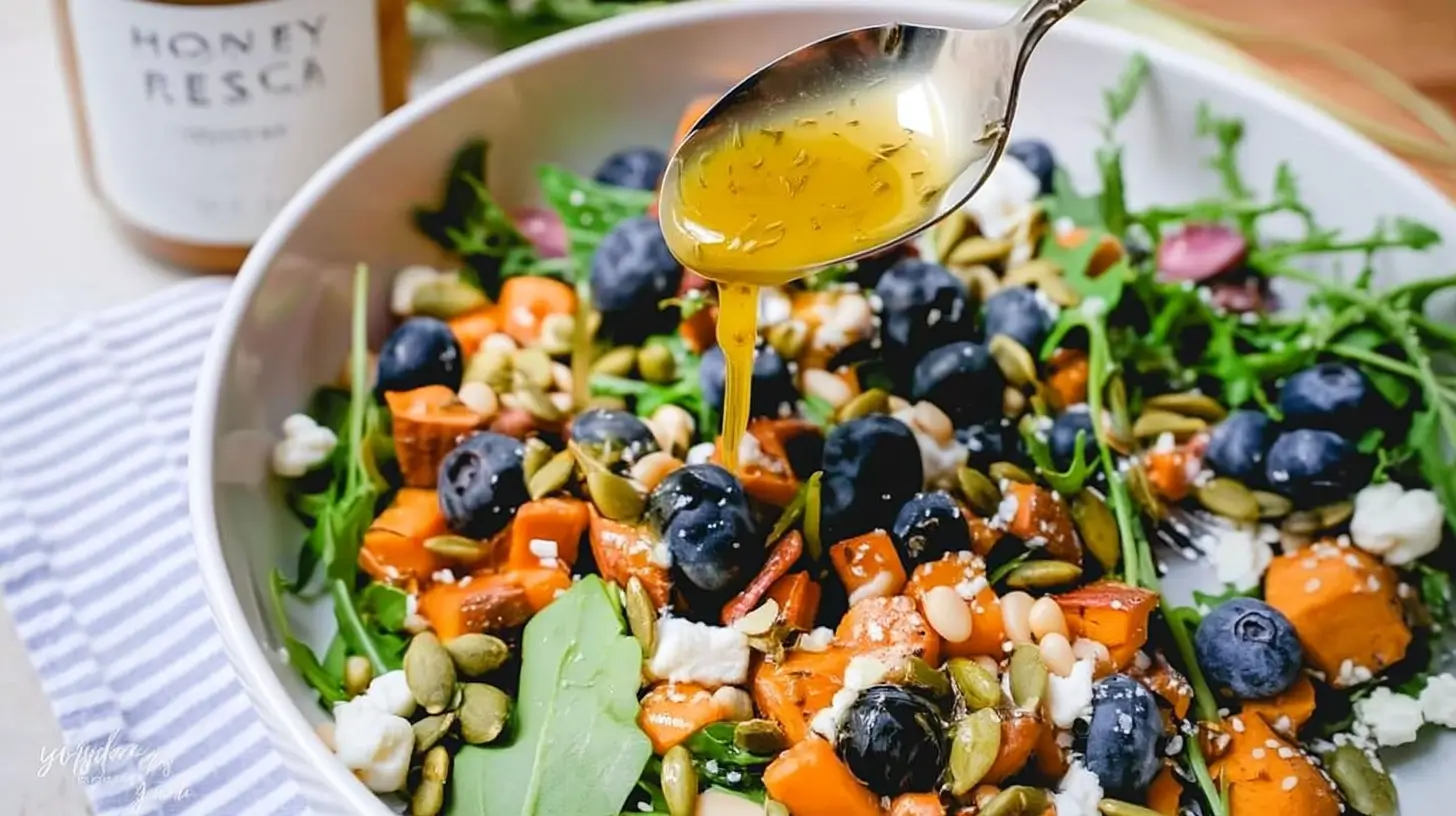 Bowl of honey sweet potato summer salad with roasted sweet potatoes, blueberries, and greens.
