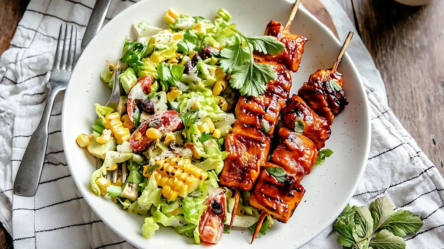 BBQ Chicken Skewer Salad in a bowl with grilled chicken skewers and fresh vegetables
