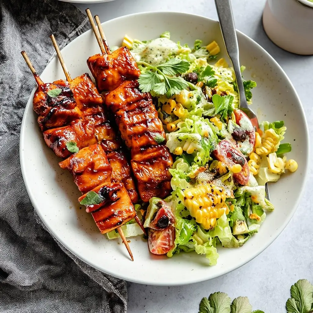 BBQ Chicken Skewer Salad in a bowl with grilled chicken skewers and fresh vegetables