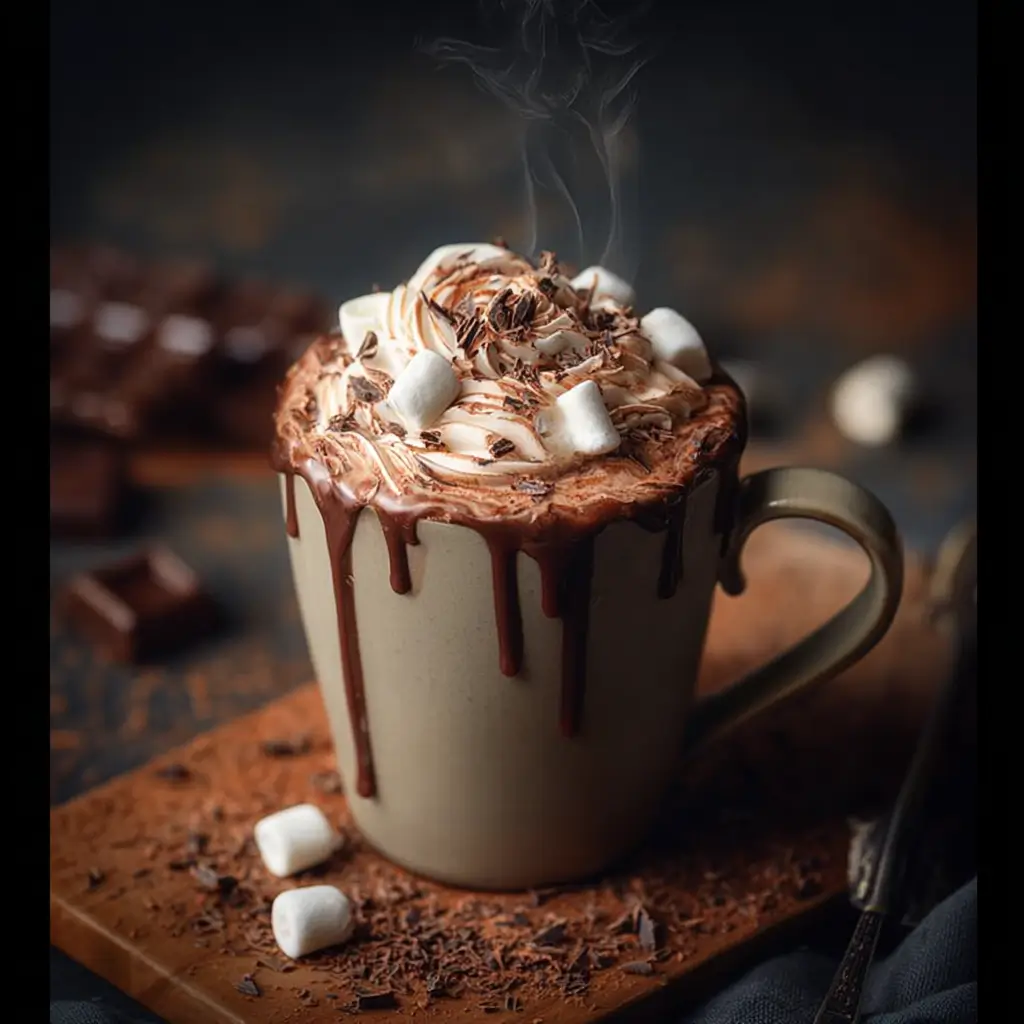 Steaming mug of hot chocolate with whipped cream and marshmallows on wooden table