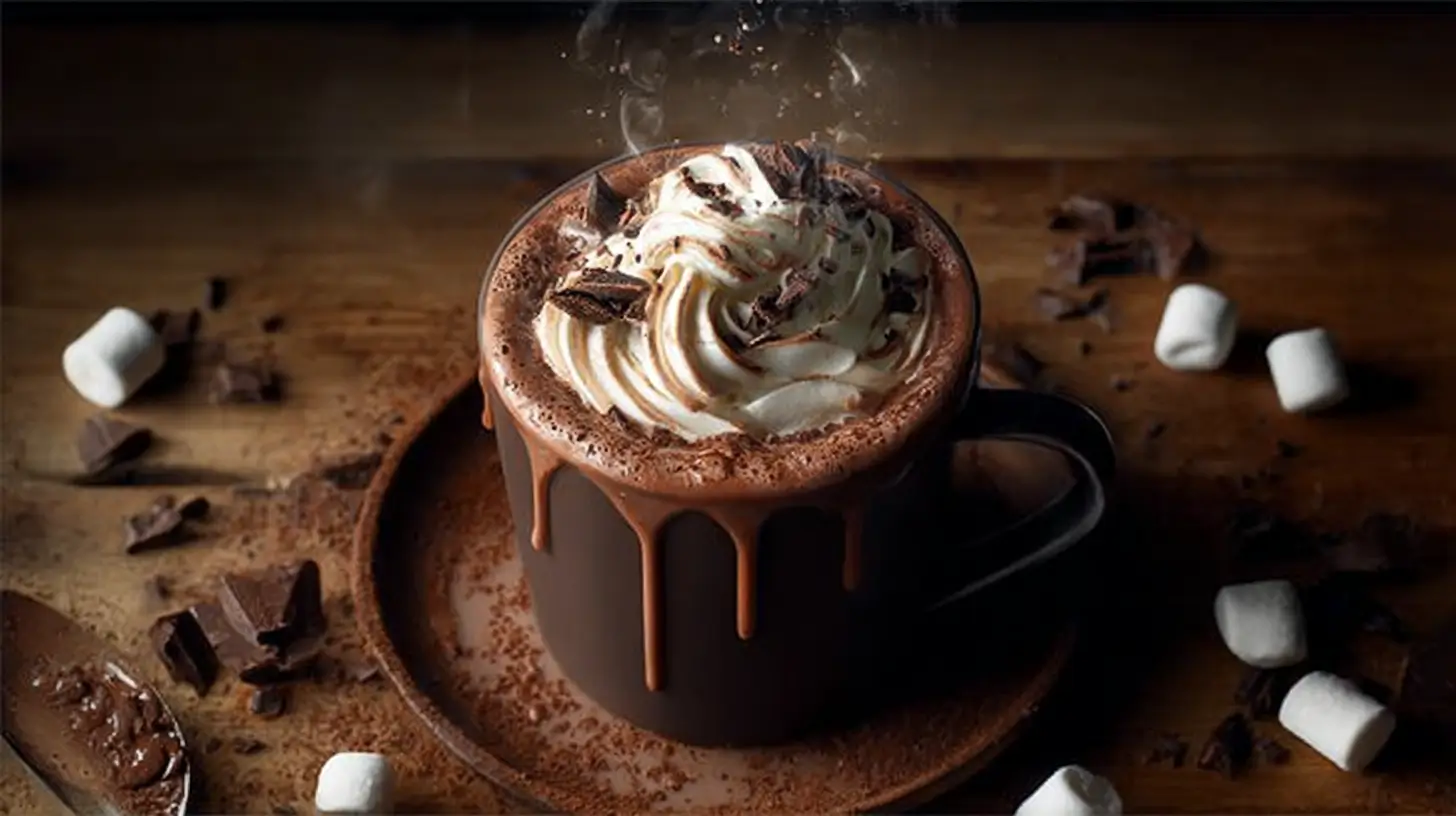 Steaming mug of hot chocolate with whipped cream and marshmallows on wooden table