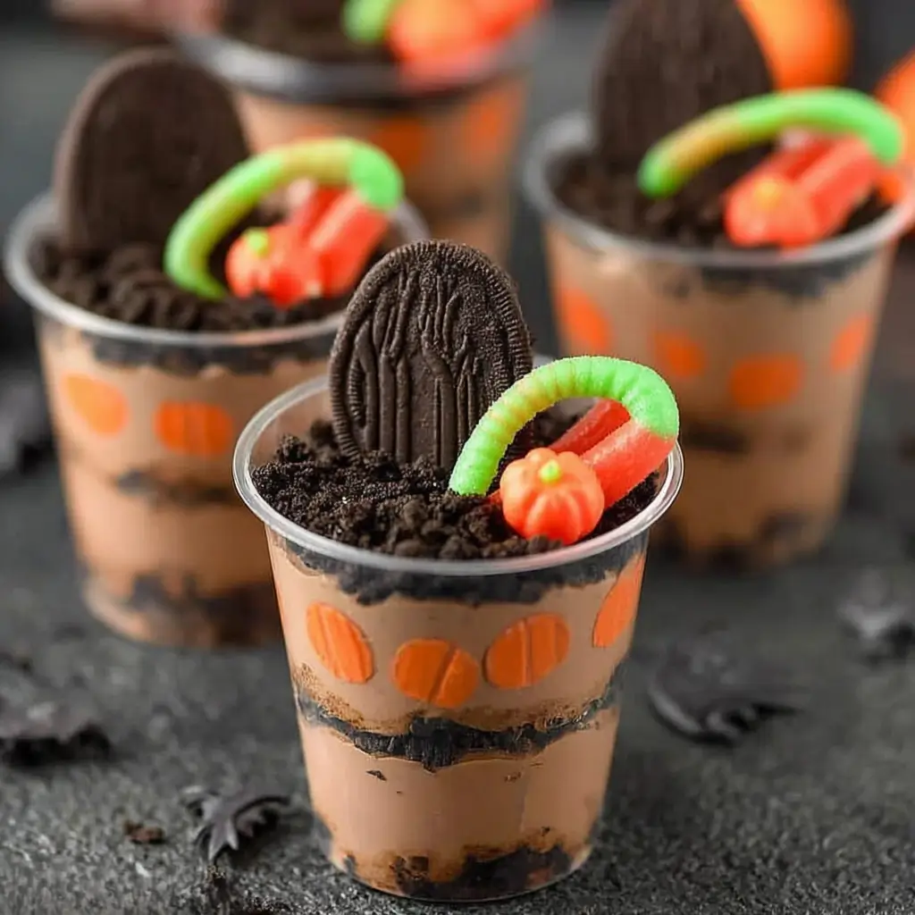 Fun Halloween dirt cups with Oreo crumbs and gummy worms