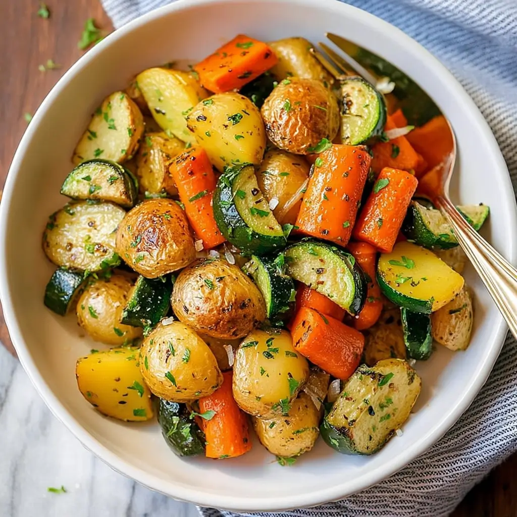 Sheet pan of garlic herb roasted potatoes, carrots, and zucchini garnished with fresh herbs.