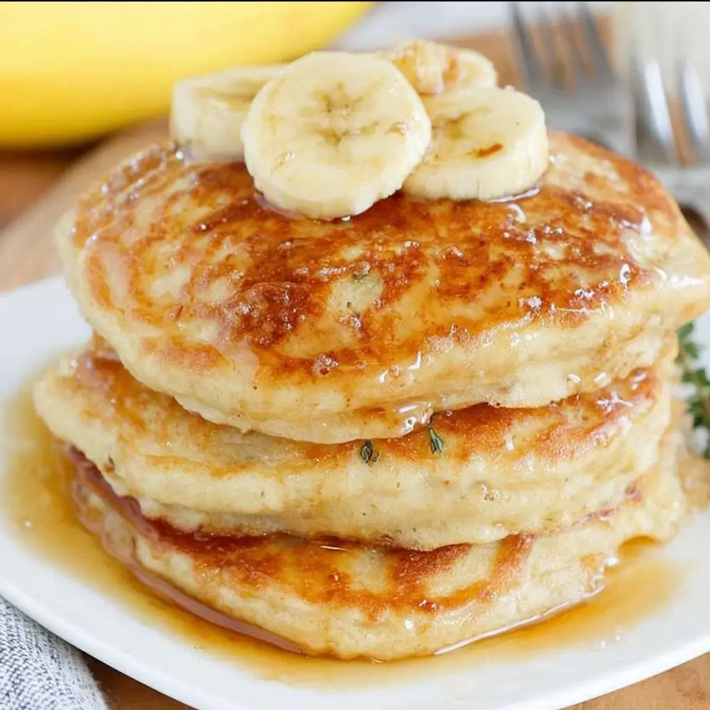 Stack of brown sugar banana pancakes with banana slices and syrup