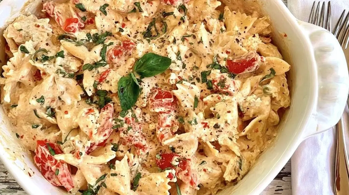 Baked Feta Pasta in a baking dish with roasted tomatoes, feta, and fresh basil.