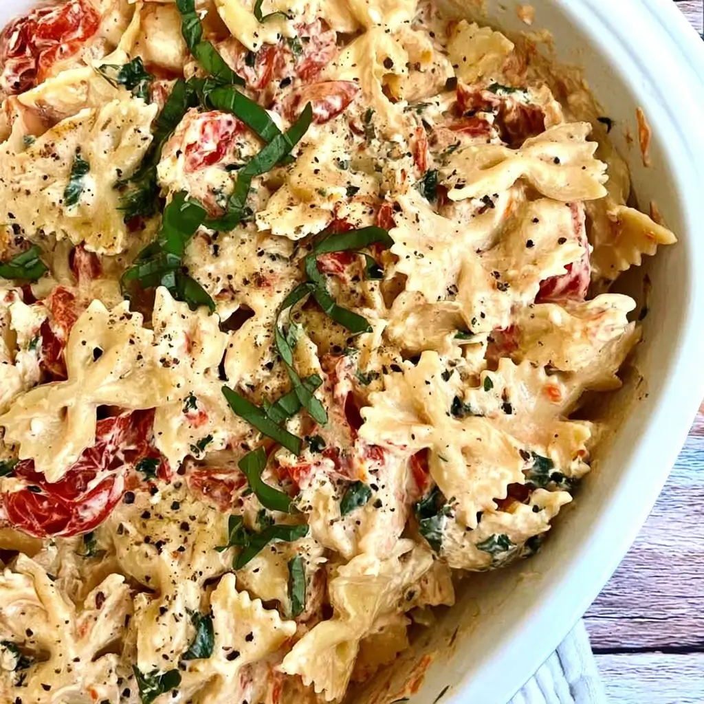 Baked Feta Pasta in a baking dish with roasted tomatoes, feta, and fresh basil.