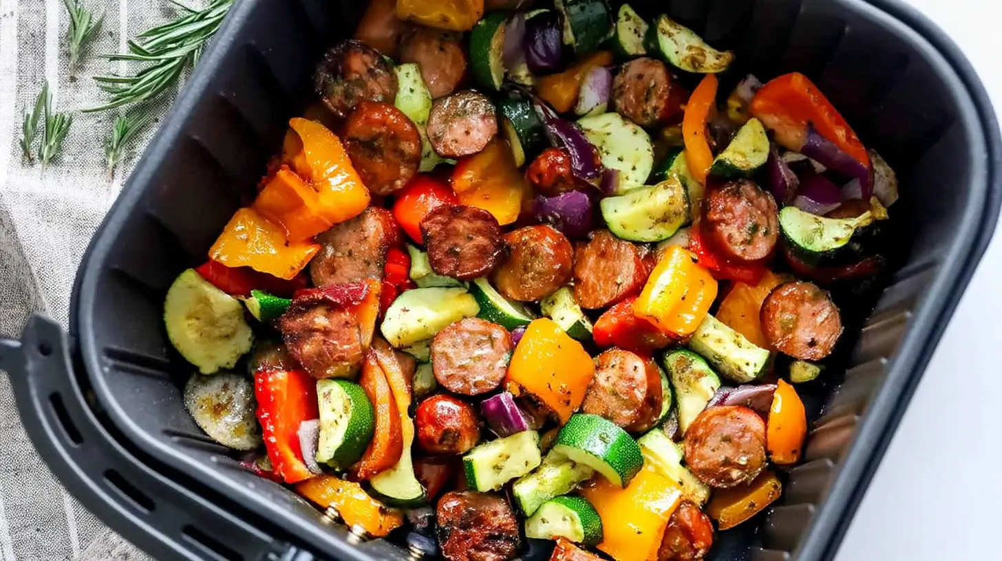 Air fryer basket with chicken sausage and mixed vegetables crisped to golden brown.