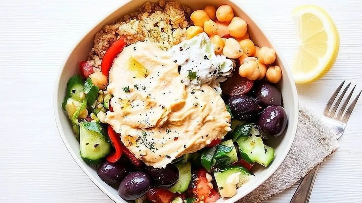 Colorful 5-Minute Mediterranean Bowl with fresh vegetables, chickpeas, quinoa, and hummus.
