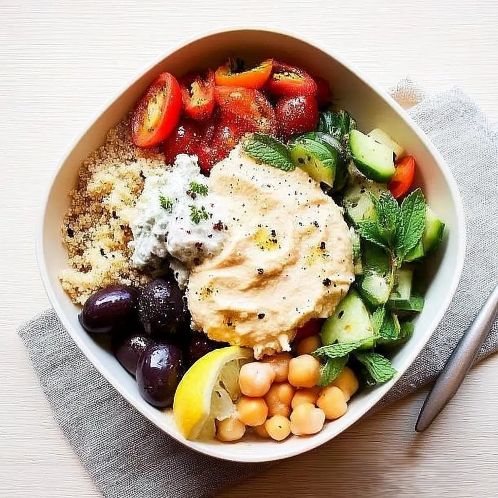 Colorful 5-Minute Mediterranean Bowl with fresh vegetables, chickpeas, quinoa, and hummus.