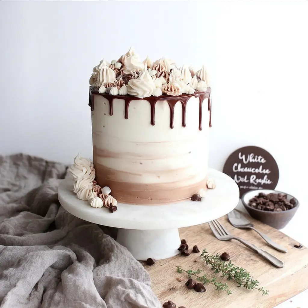 Bowl of white chocolate buttercream with spatula and cake decorating tools