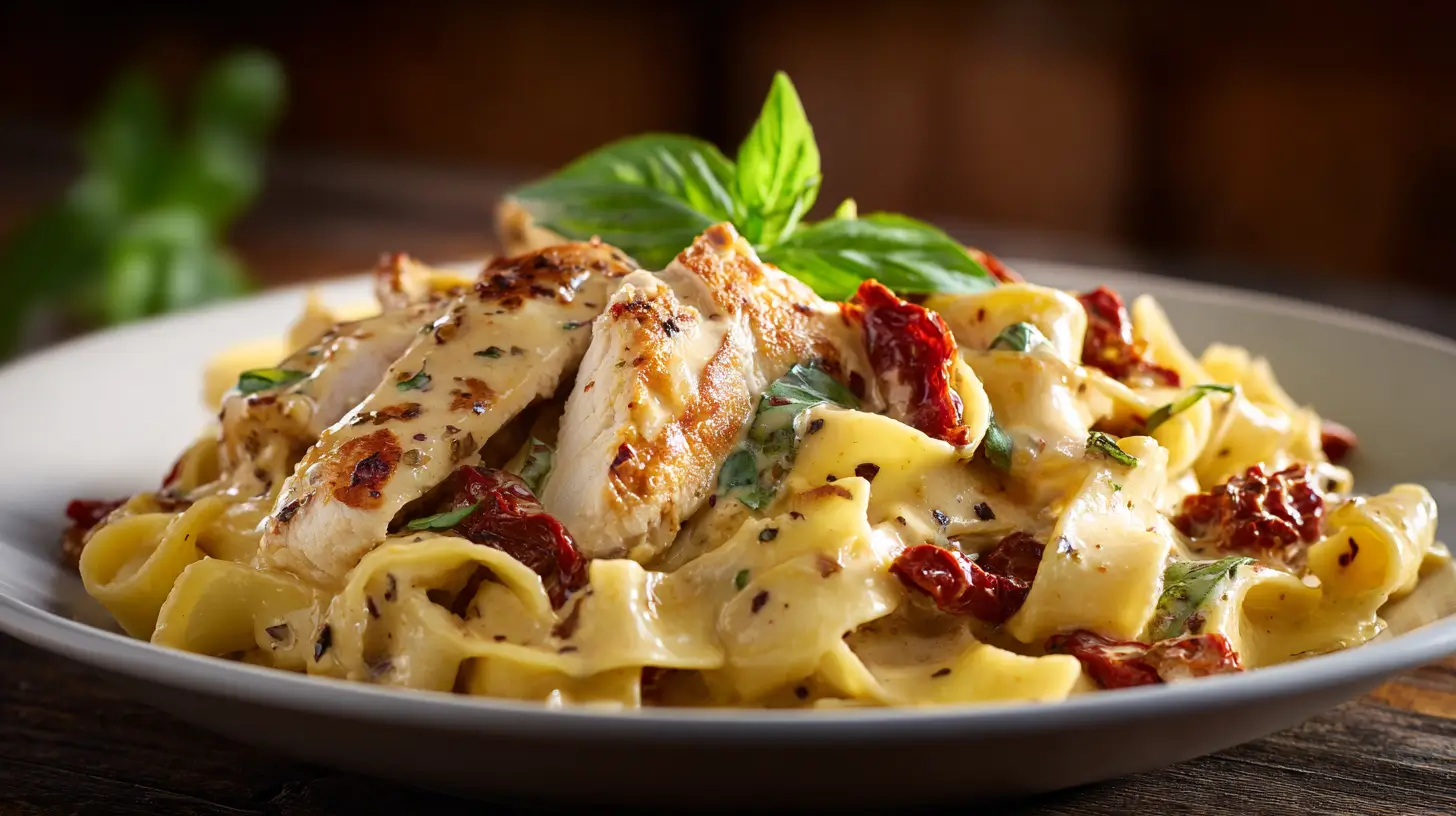 Creamy Marry Me Chicken Pasta with sliced chicken and fresh basil.