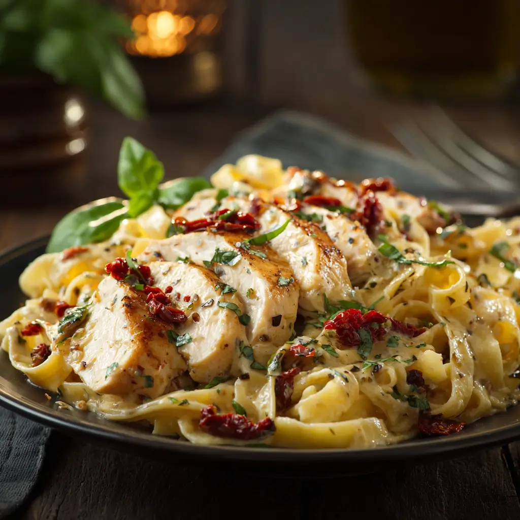 Creamy Marry Me Chicken Pasta with sliced chicken and fresh basil.