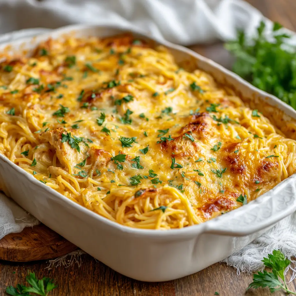 A golden, cheesy chicken spaghetti casserole with melted cheese and parsley garnish.
