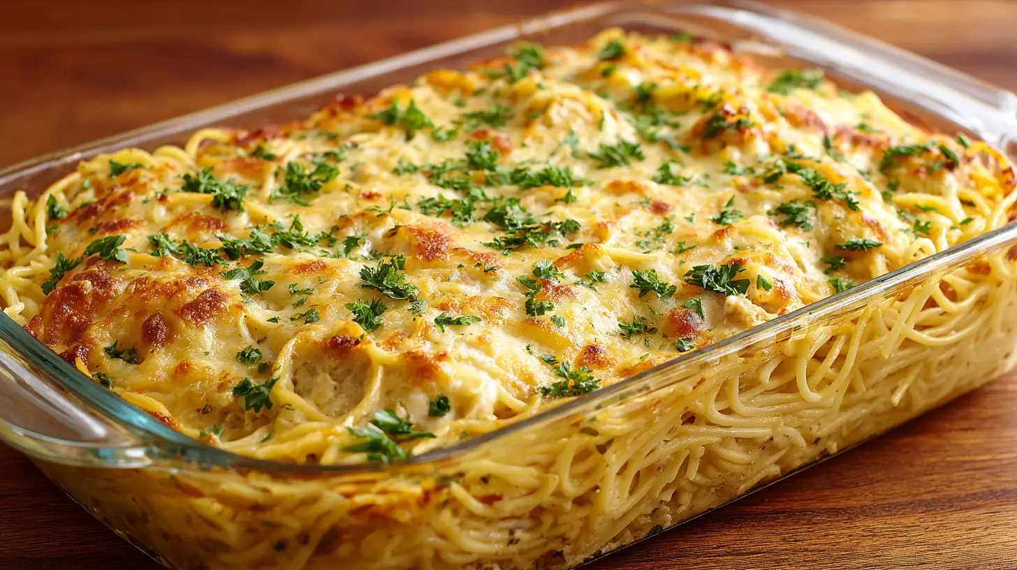 A golden, cheesy chicken spaghetti casserole with melted cheese and parsley garnish.