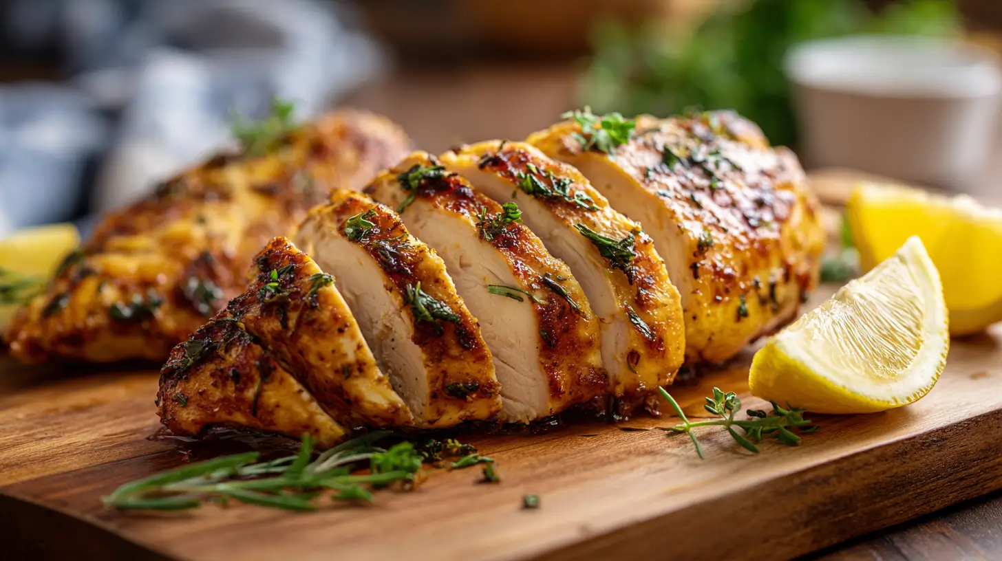 Sliced Air Fryer Chicken Breast with golden crust and herbs.