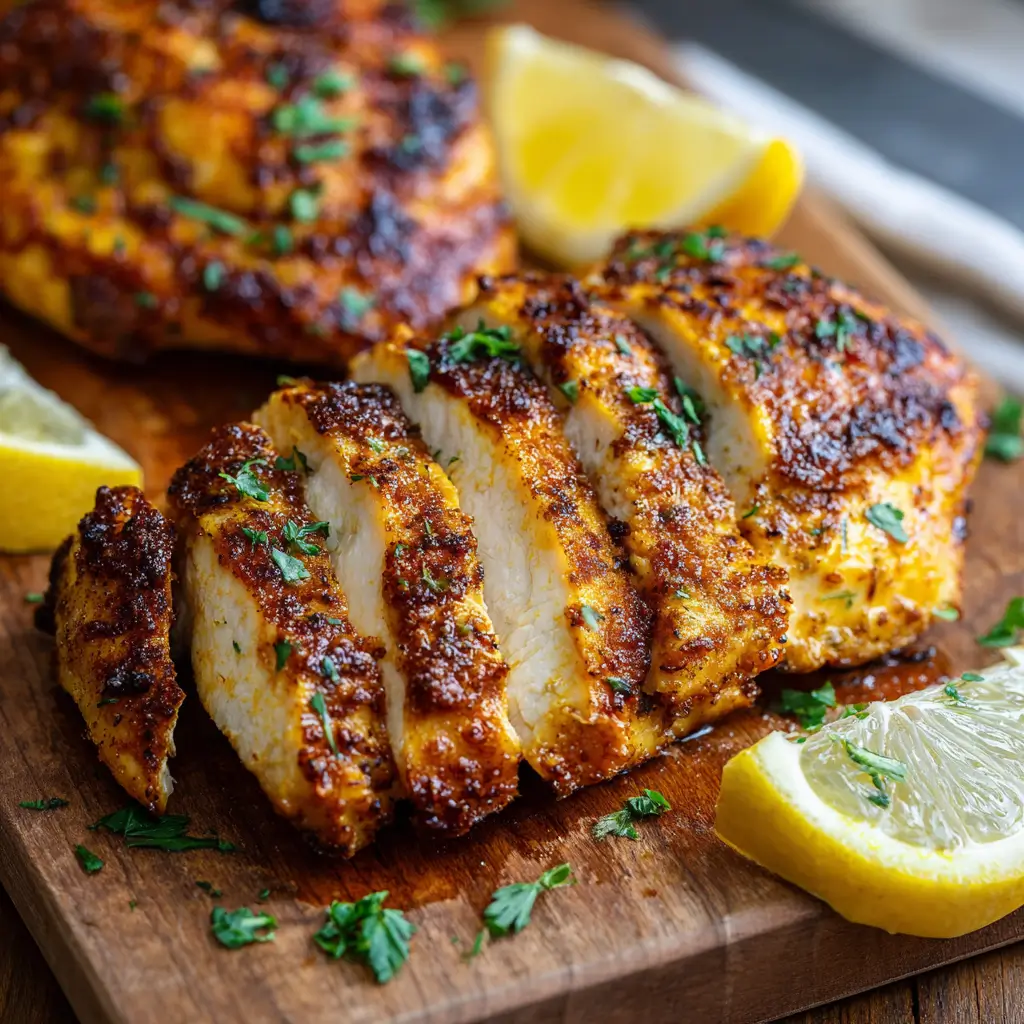 Sliced Air Fryer Chicken Breast with golden crust and herbs.