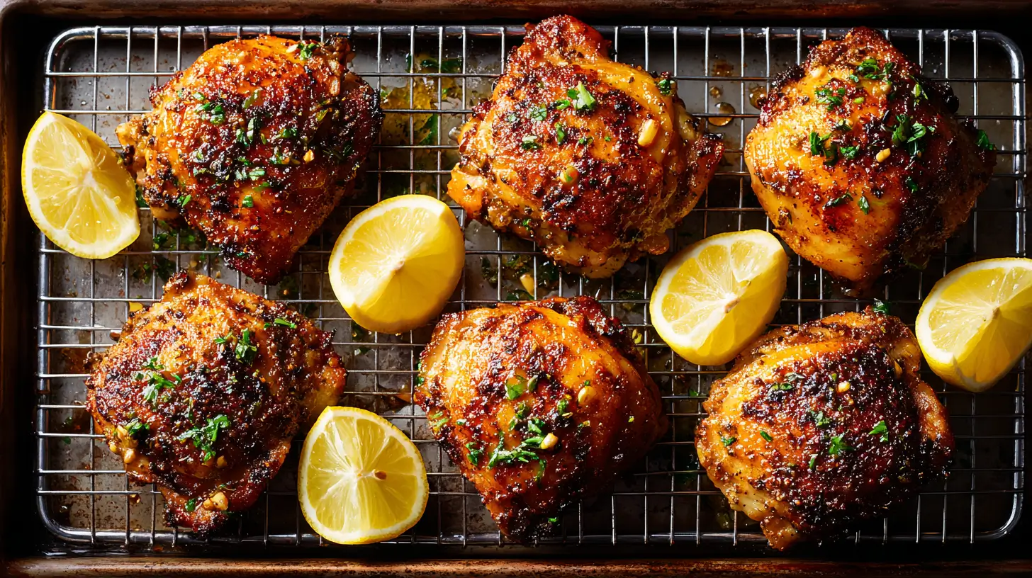 Crispy Air Fryer Chicken Thighs resting on a rack with lemon and herbs.