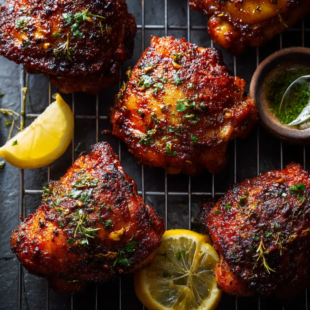 Crispy Air Fryer Chicken Thighs resting on a rack with lemon and herbs.
