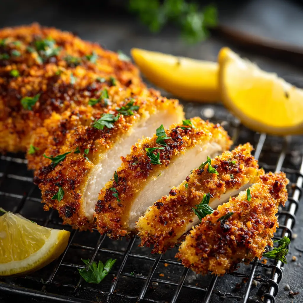 Crispy Air Fryer Panko Chicken Breast sliced with lemon and herbs.