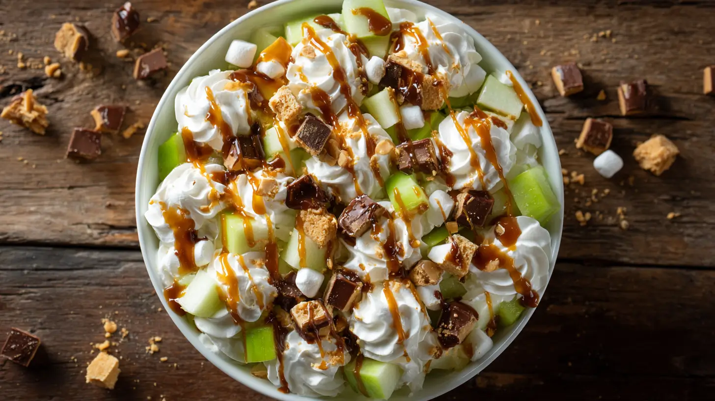 Overhead bowl of Snickers Salad with apples, candy, and caramel.