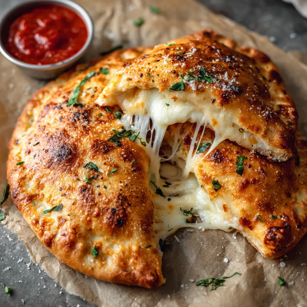 Crispy calzone split open with stretchy cheese and marinara.