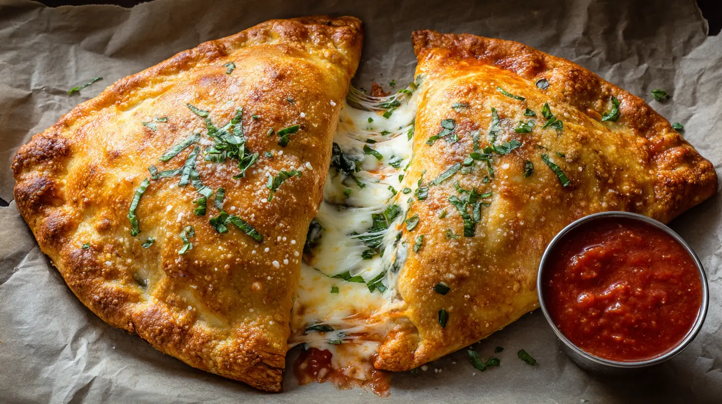 Crispy calzone split open with stretchy cheese and marinara.