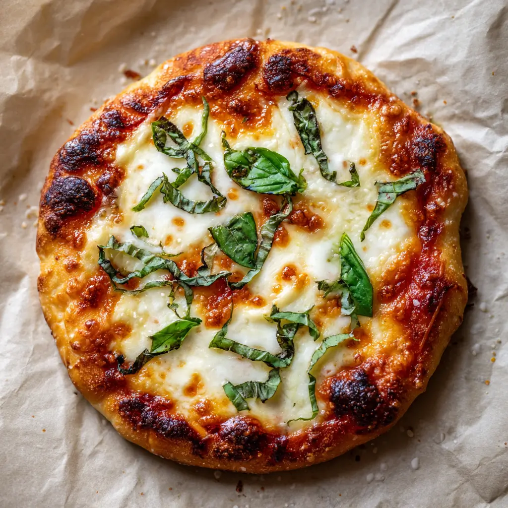 Personal Air Fryer Pizza with basil and melted mozzarella.