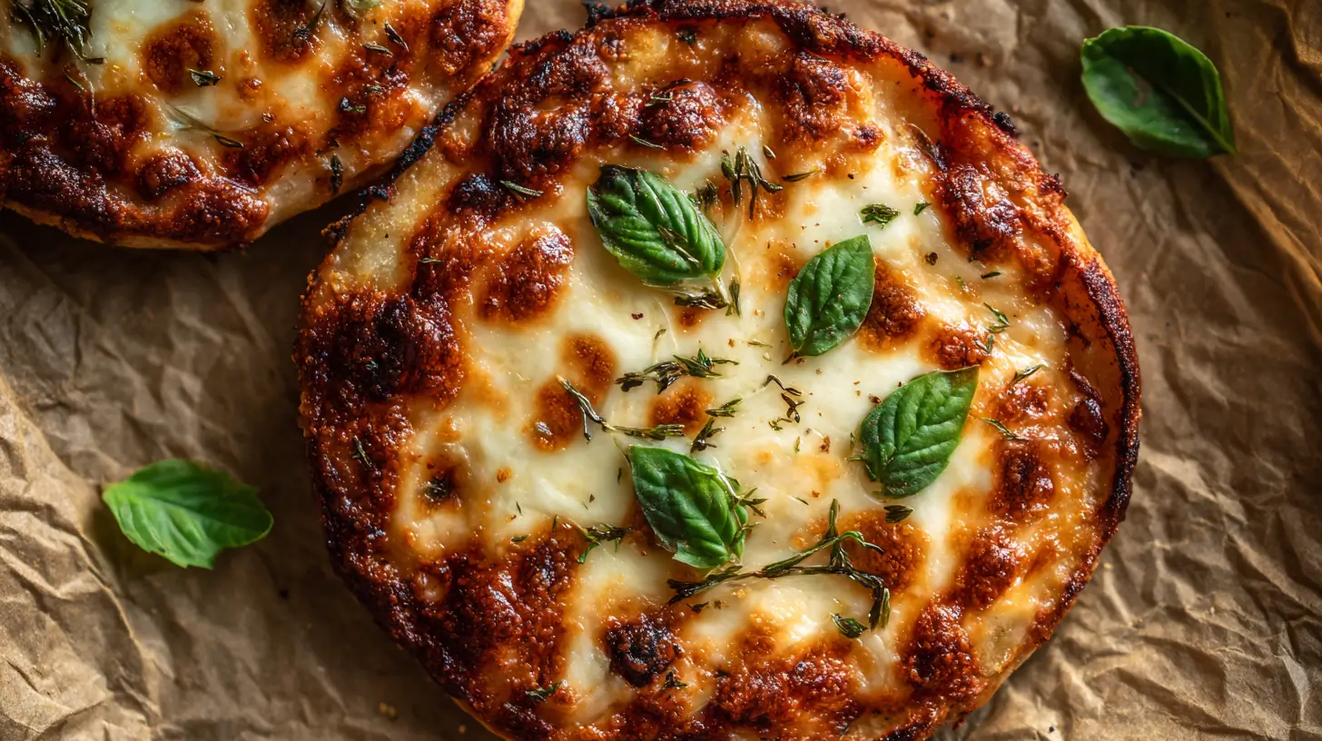 Personal Air Fryer Pizza with basil and melted mozzarella.