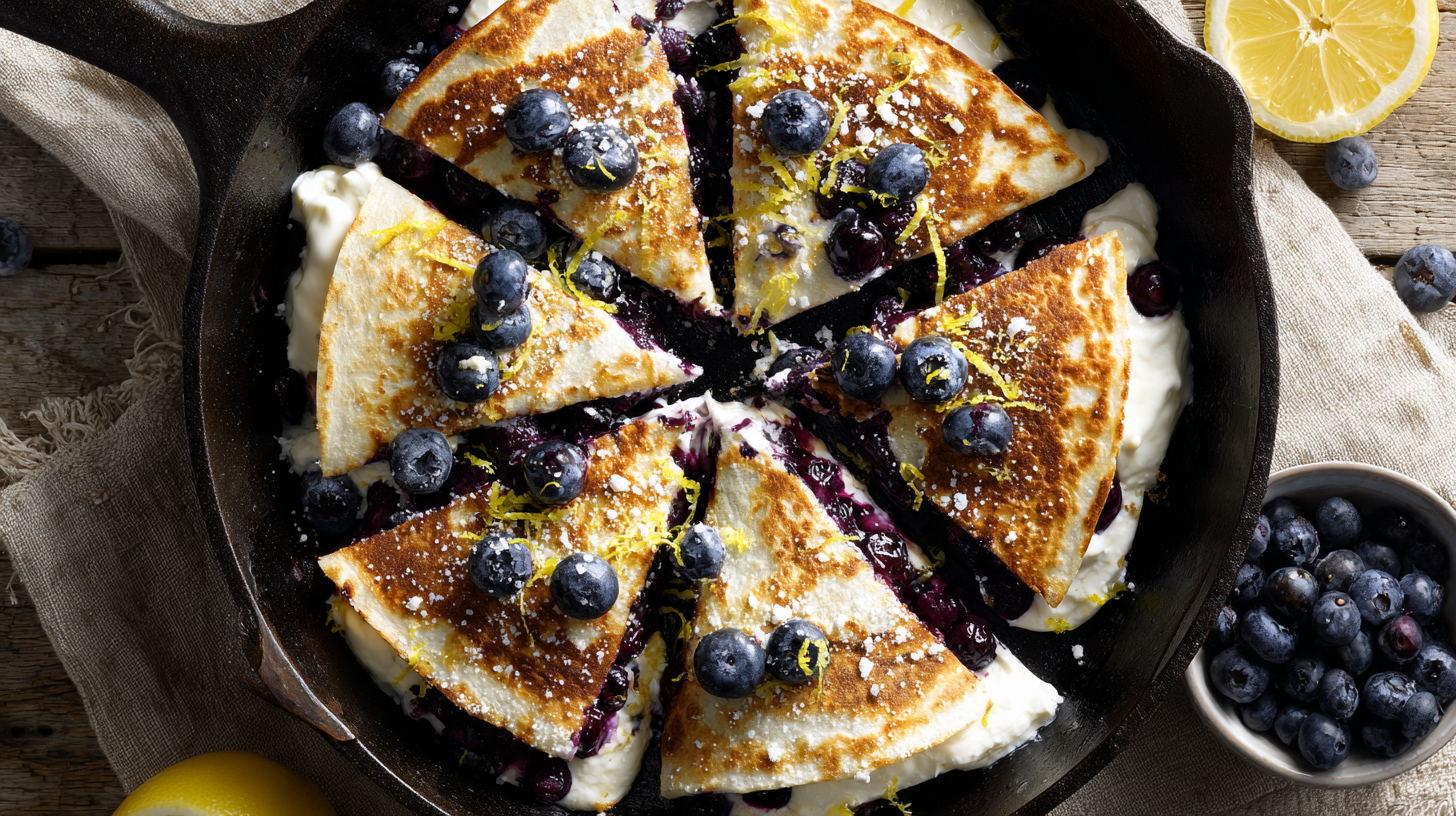 Sliced Blueberry Breakfast Quesadilla with creamy filling and fresh blueberries