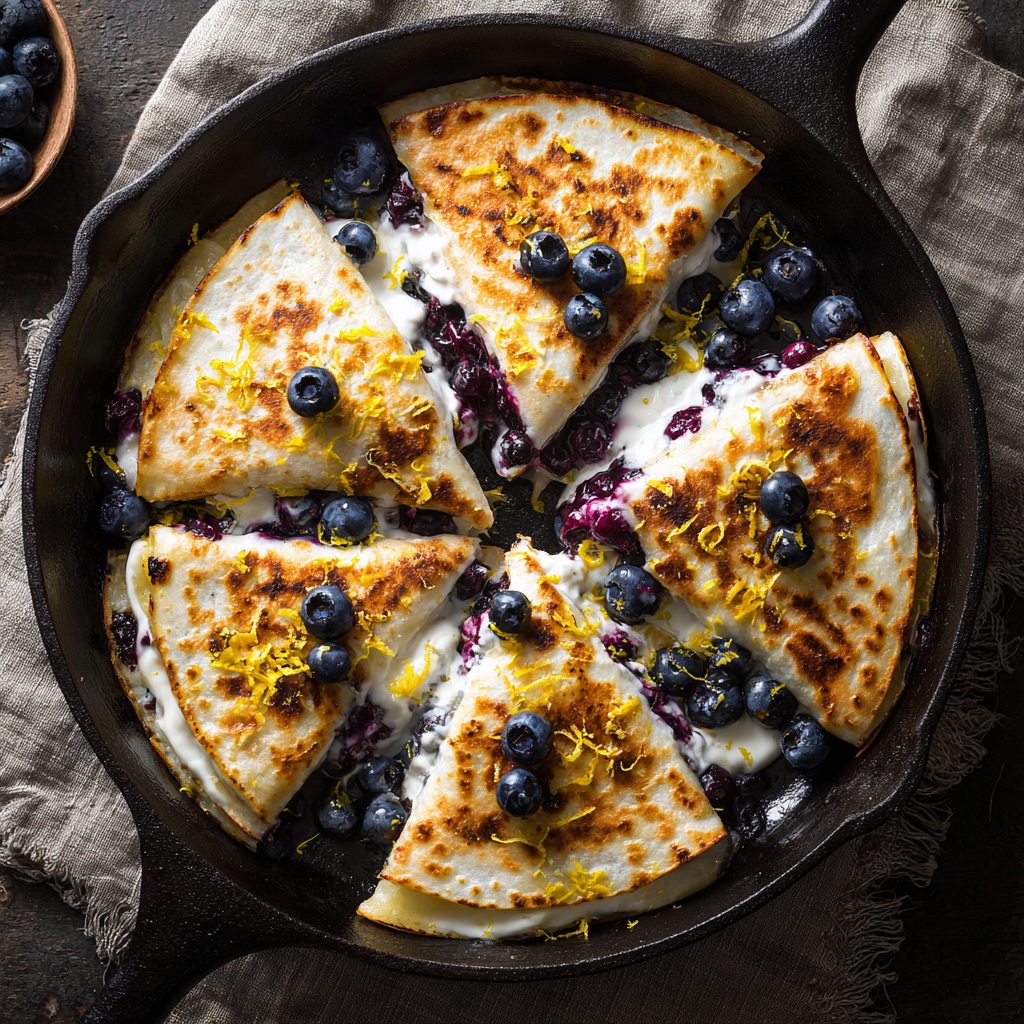 Sliced Blueberry Breakfast Quesadilla with creamy filling and fresh blueberries