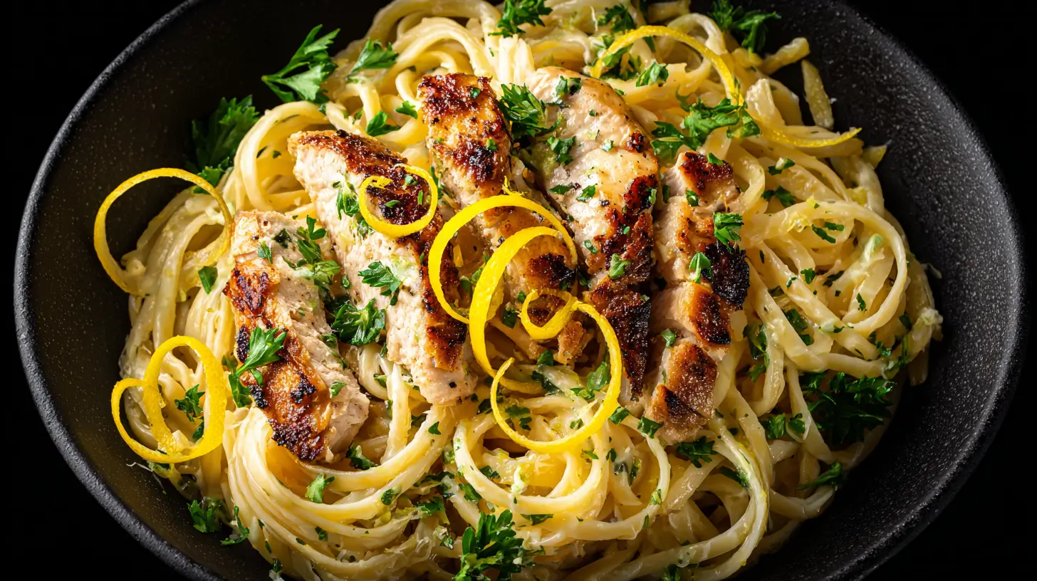 Bowl of Lemon Chicken Pasta with herbs and lemon zest