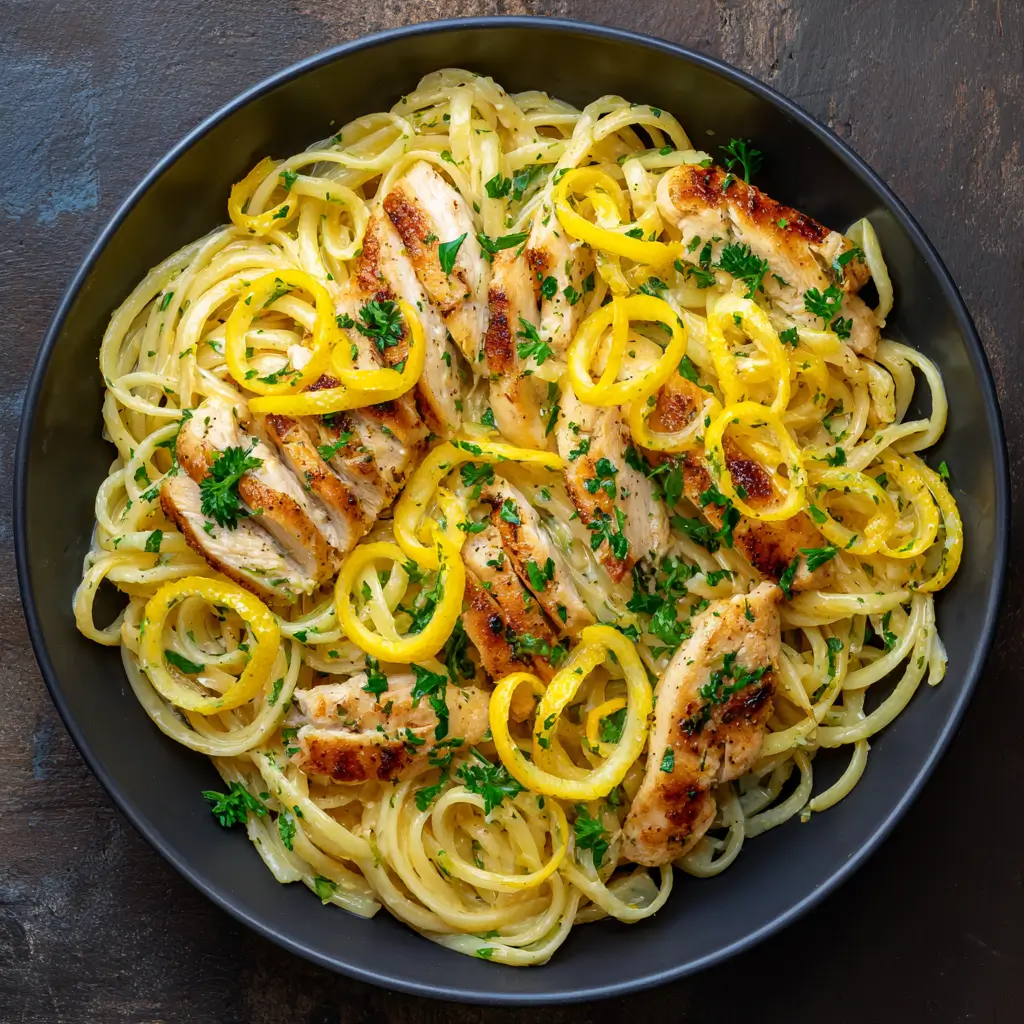 Bowl of Lemon Chicken Pasta with herbs and lemon zest