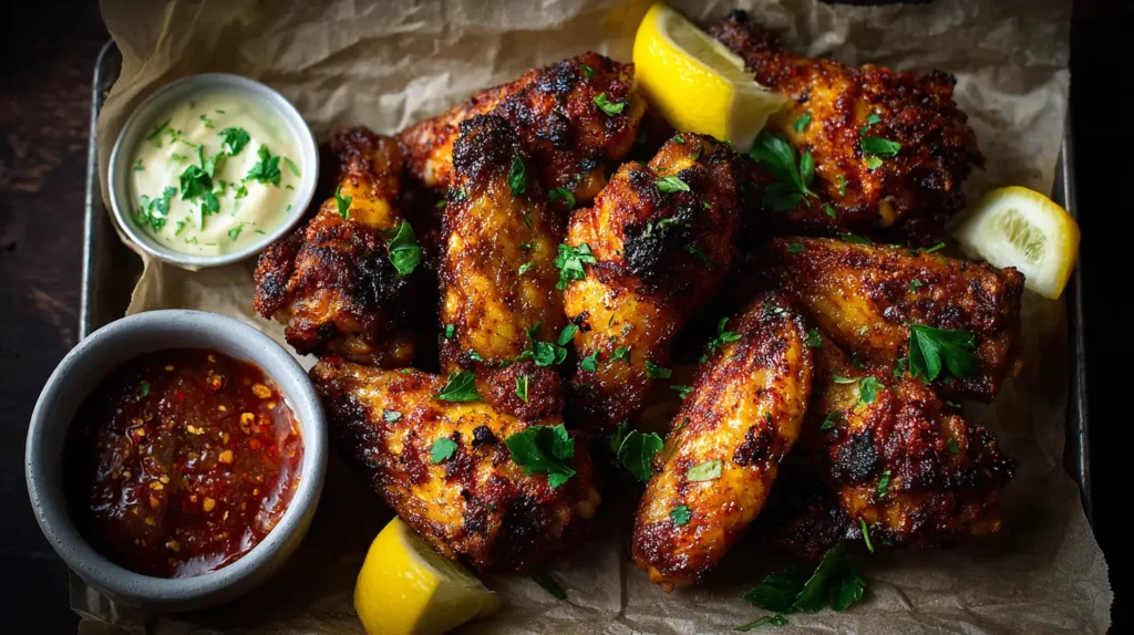 Platter of golden, crispy Air Fryer Chicken Wings with lemon and herbs